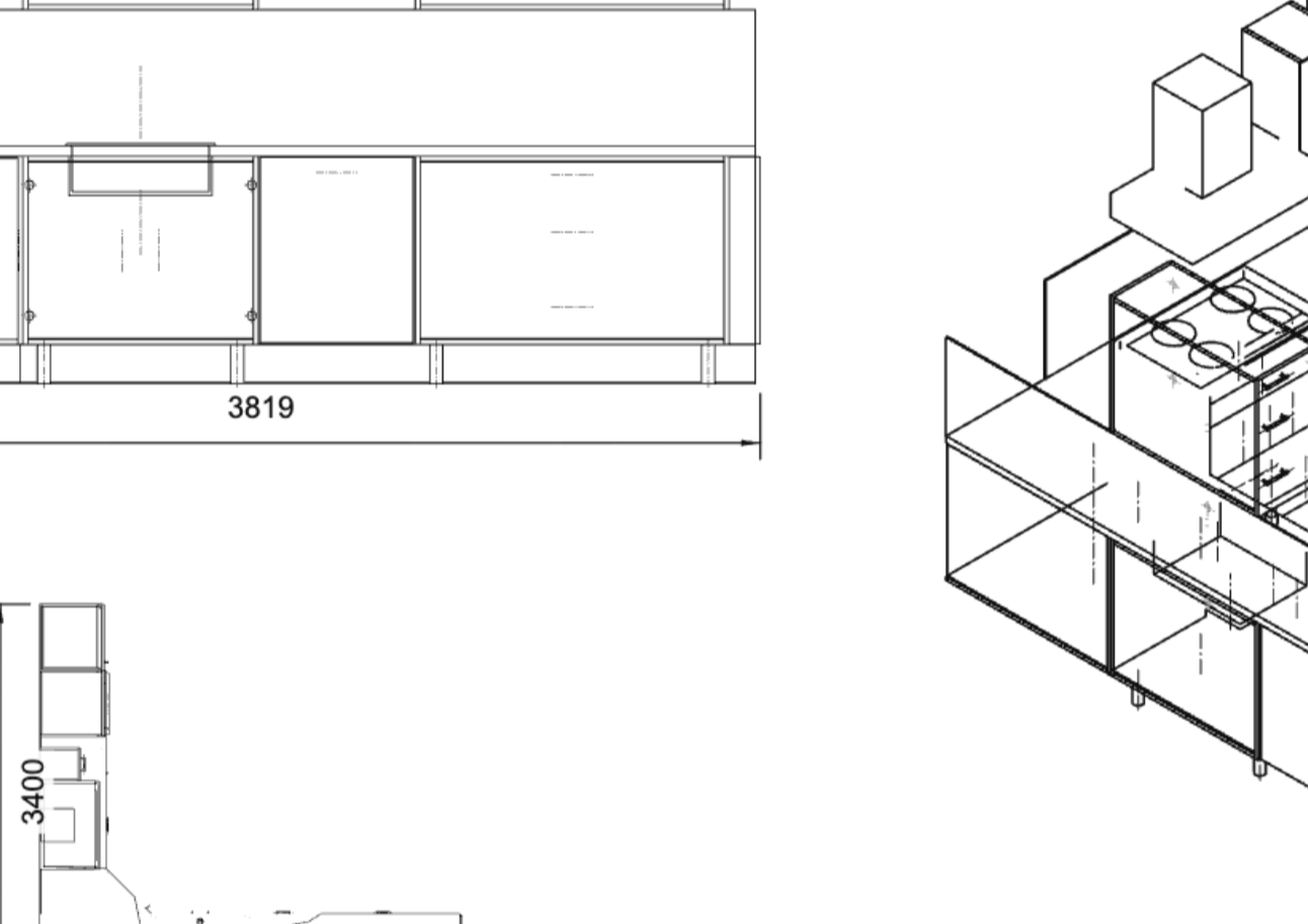 General arrangement of the fitted kitchen with elevation, plan and isometric