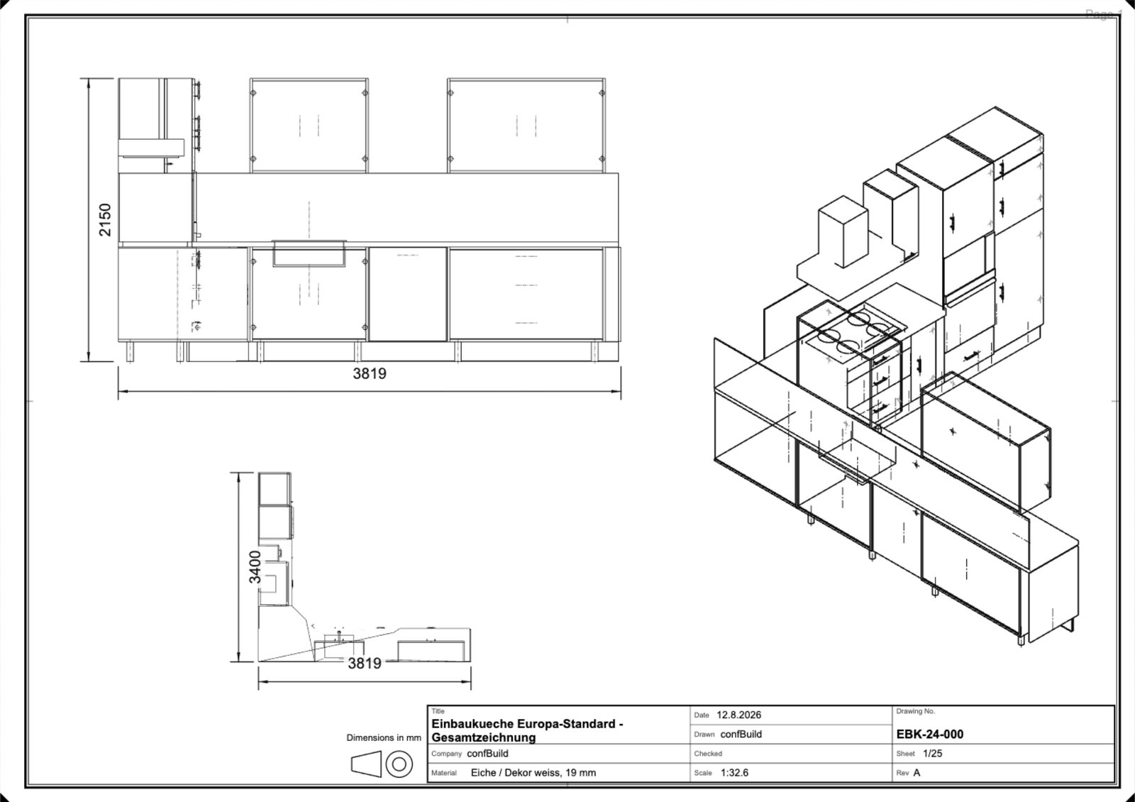 General arrangement of the fitted kitchen with elevation, plan and isometric