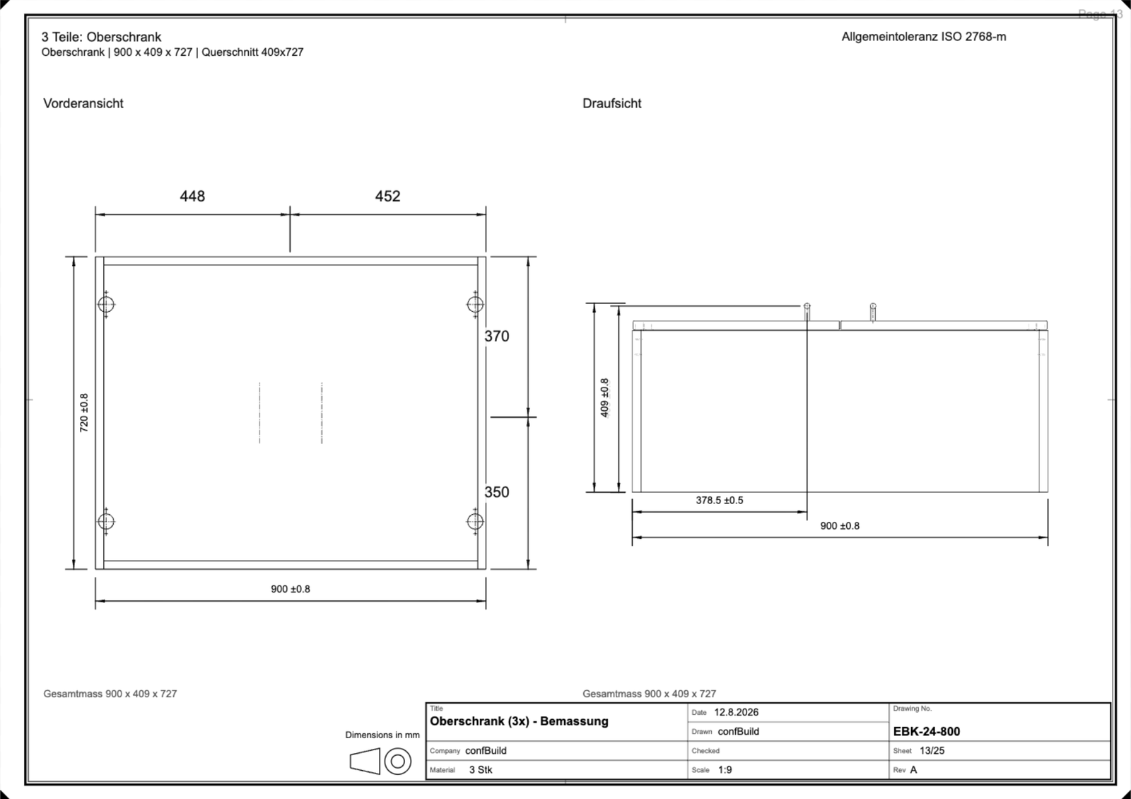 Dimensioned sheet of a wall cabinet with elevation and plan