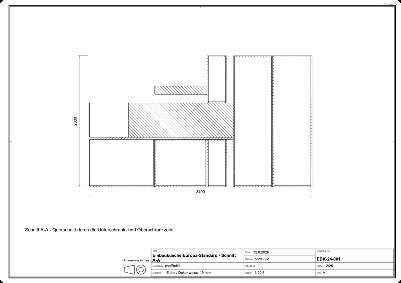 Section A-A through the base and wall cabinet run