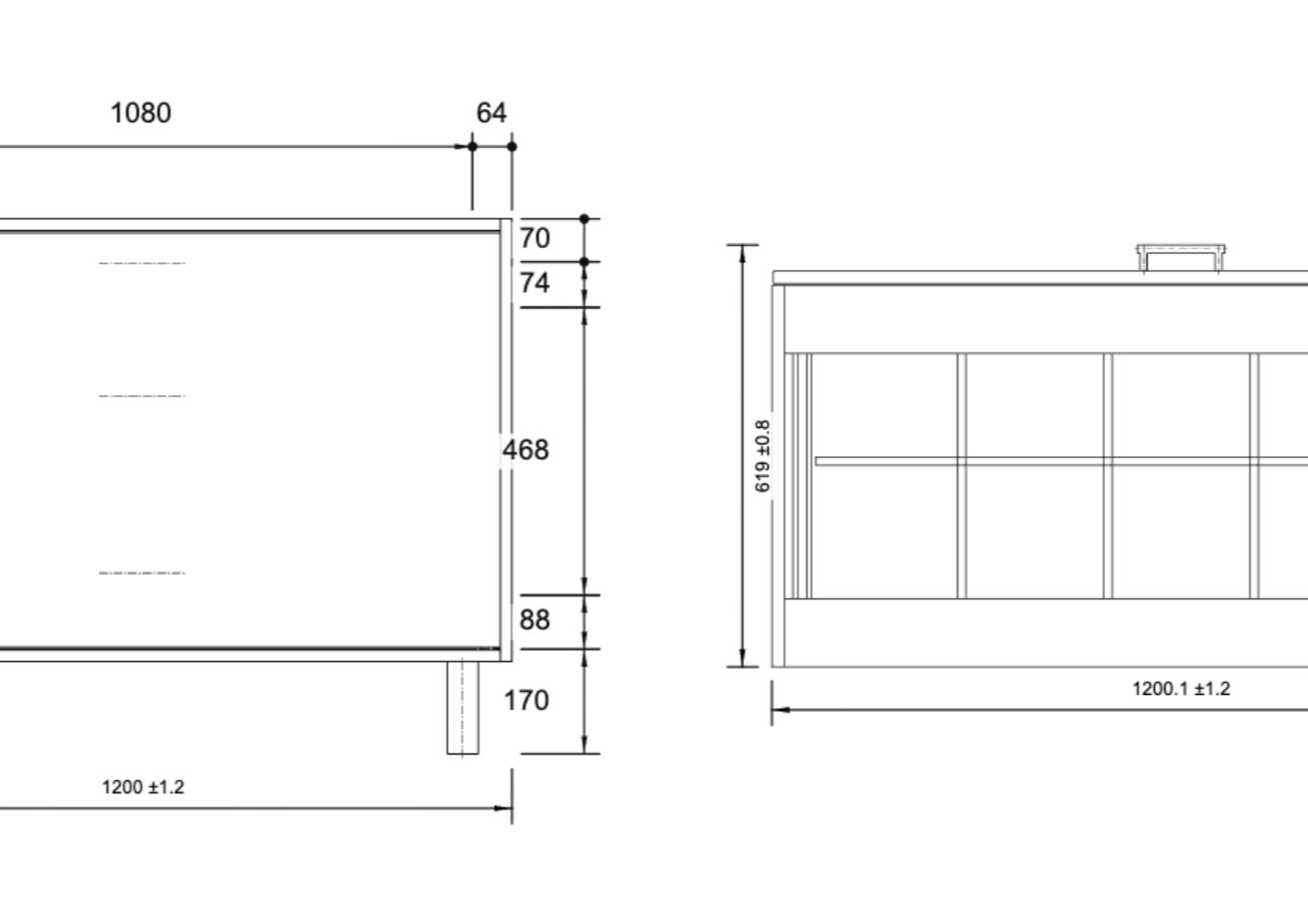Dimensioned sheet of the drawer block with elevation and plan