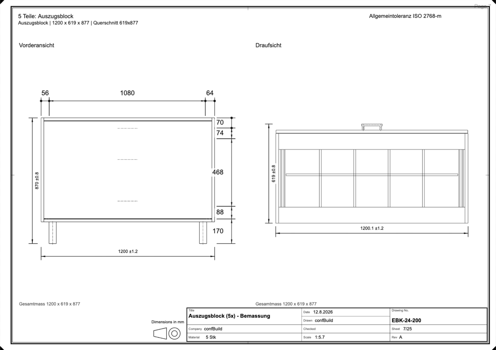 Dimensioned sheet of the drawer block with elevation and plan