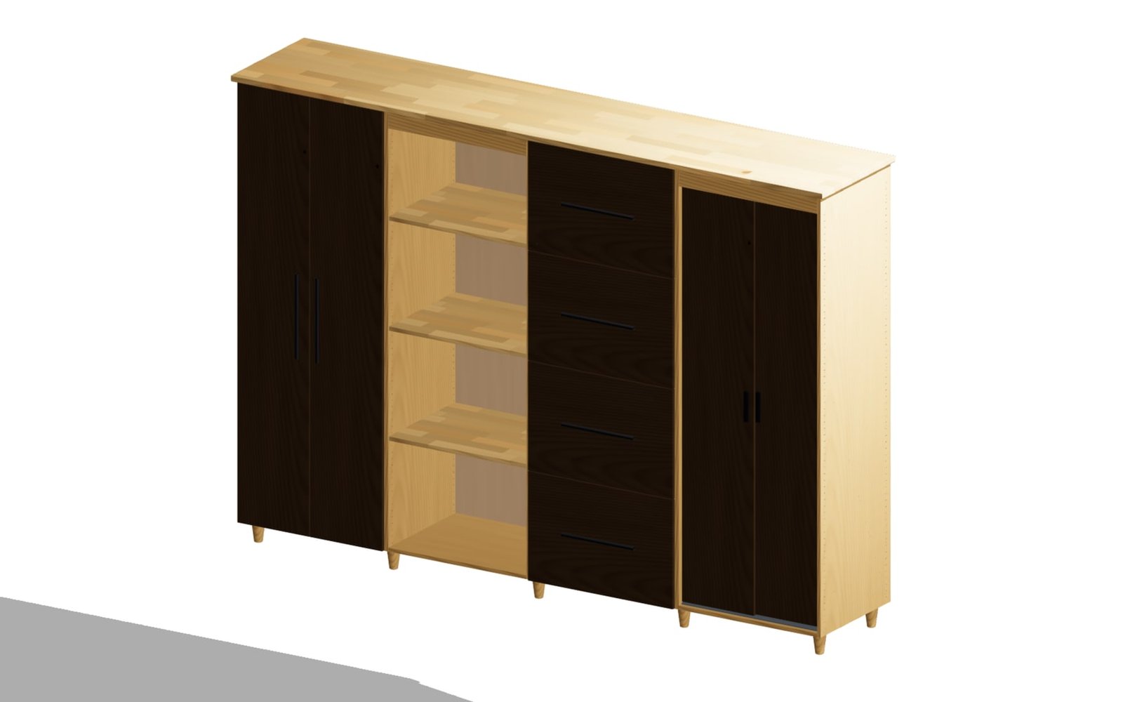 Solid timber wardrobe with four modules and different front types