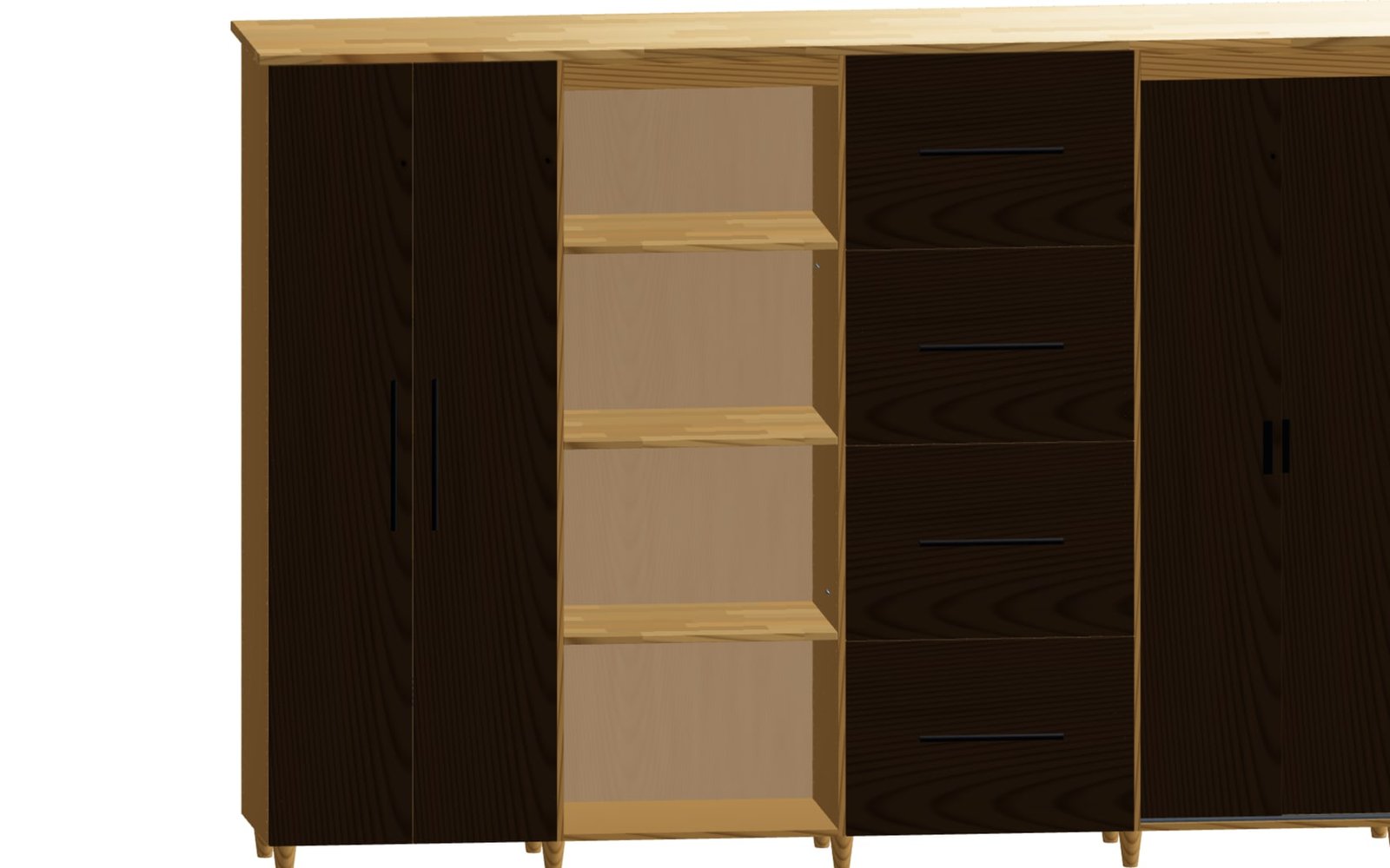 Open shelving module with shelves, tie pull-out and LED profile