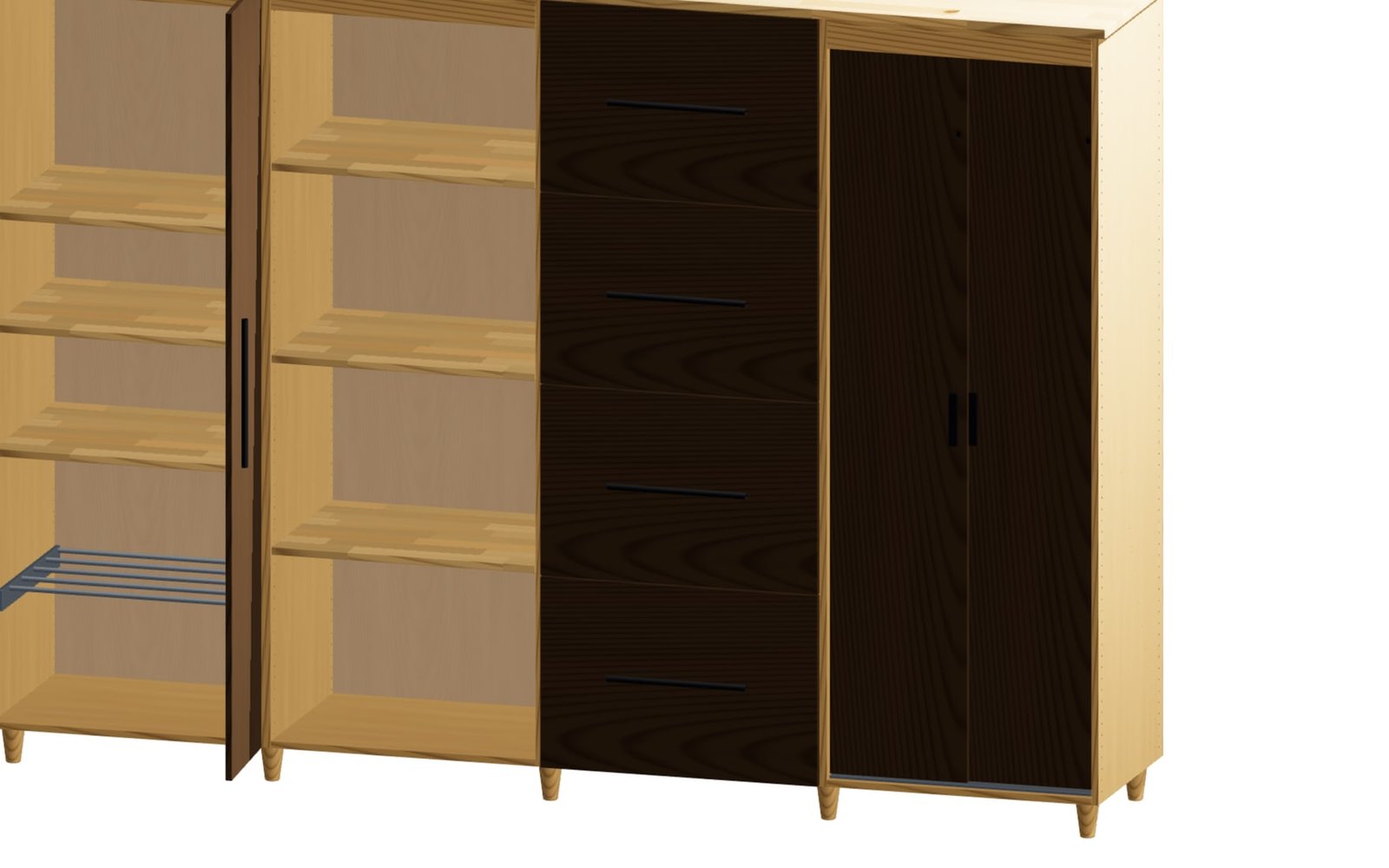Drawer module with four fronts, shadow gaps and bar handles