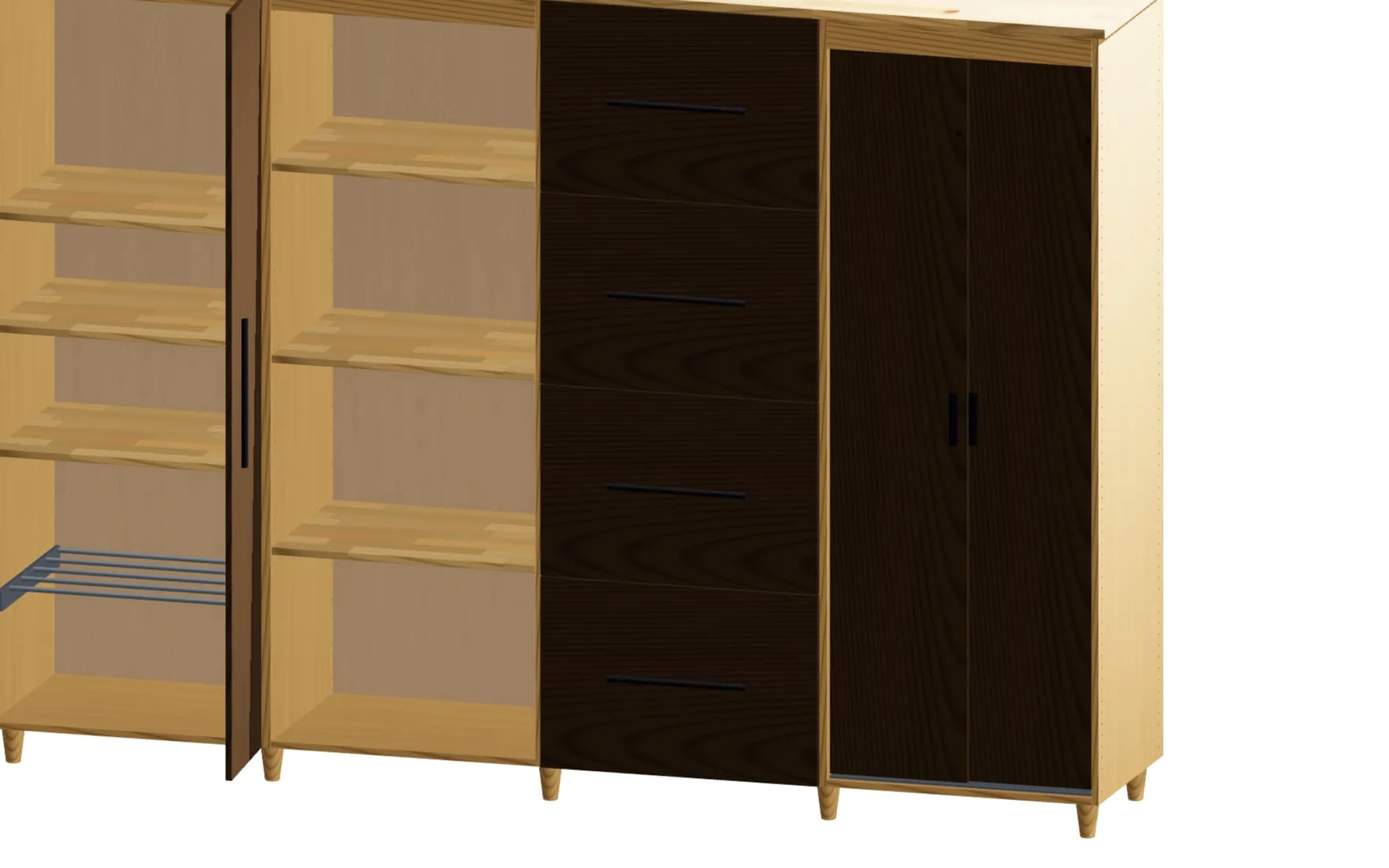 Drawer module with four fronts, shadow gaps and bar handles