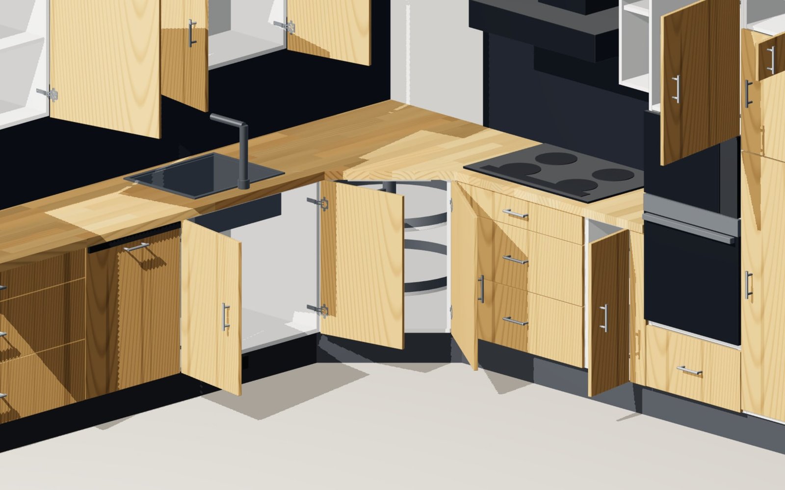 Diagonal corner unit with carousel and opened door