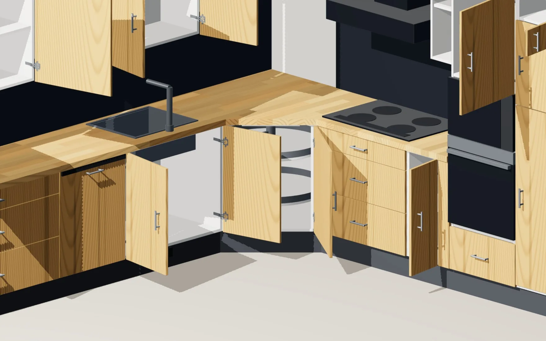 Diagonal corner unit with carousel and opened door