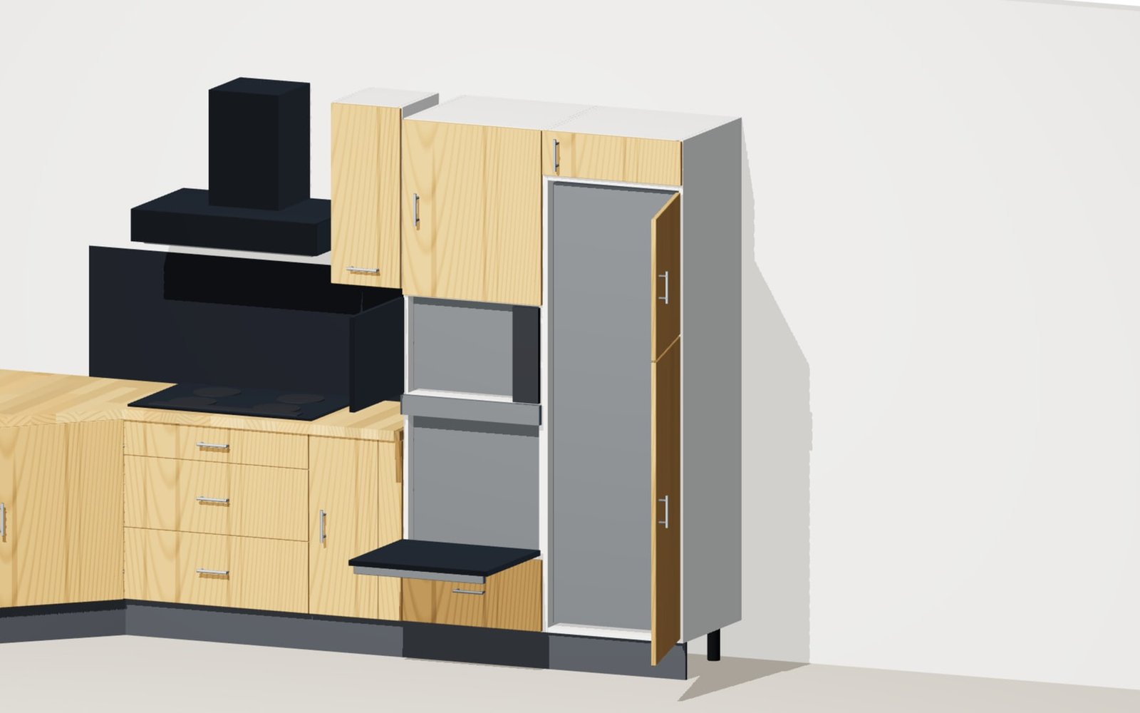 Tall unit run with the oven and fridge doors open