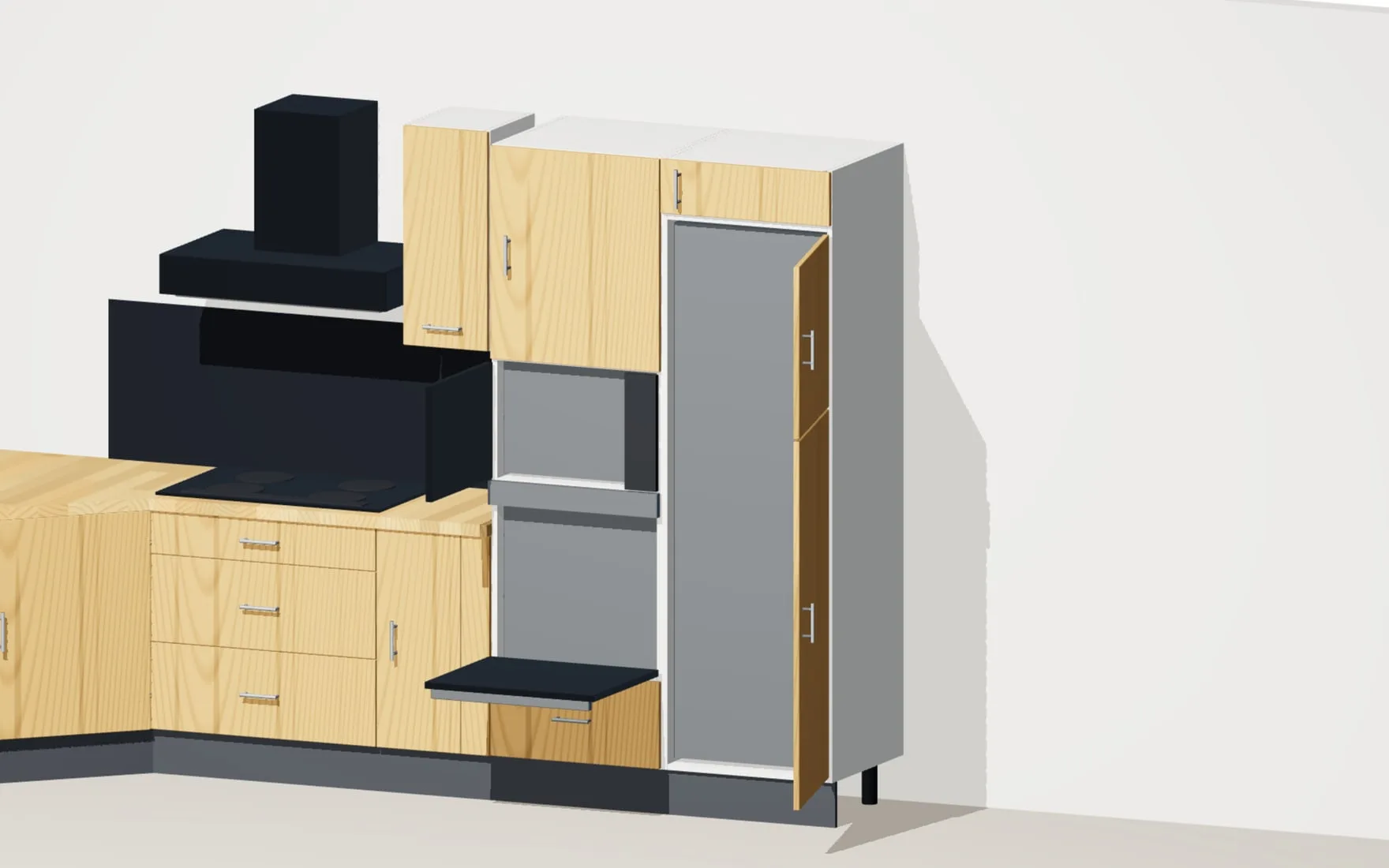Tall unit run with the oven and fridge doors open