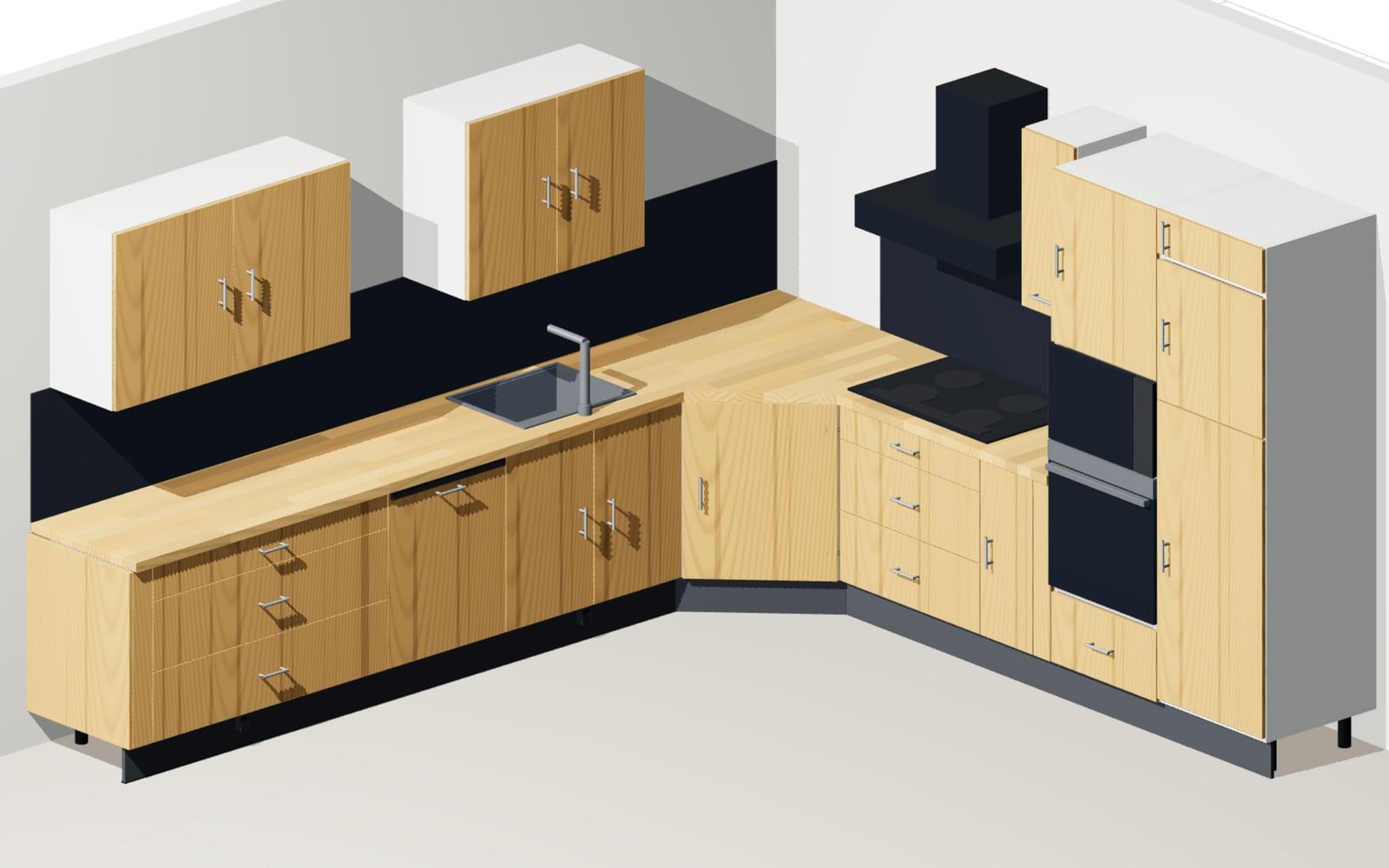 L-shaped fitted kitchen with tall units, wall units and worktop