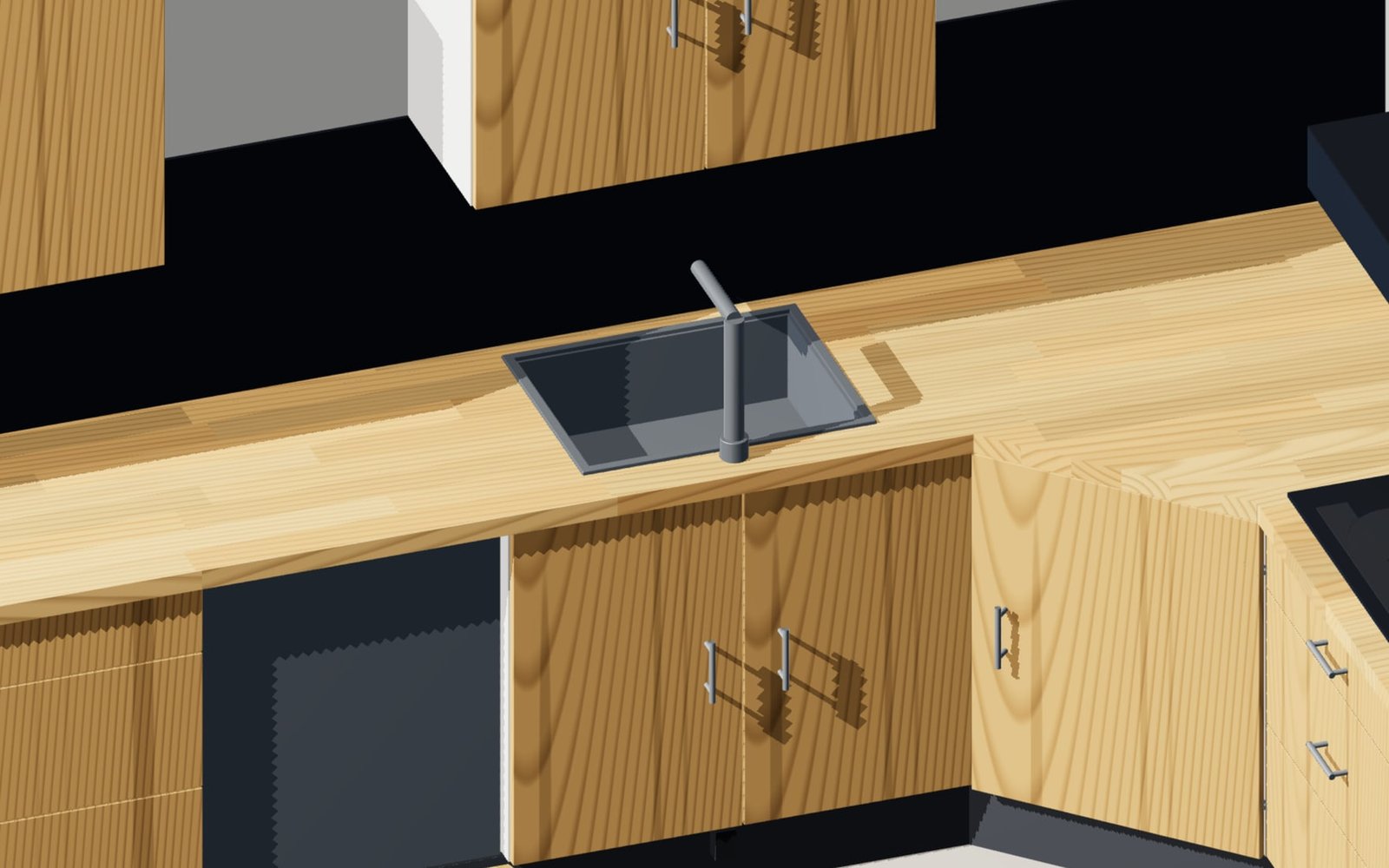 Sink cabinet with worktop cut-out and open dishwasher