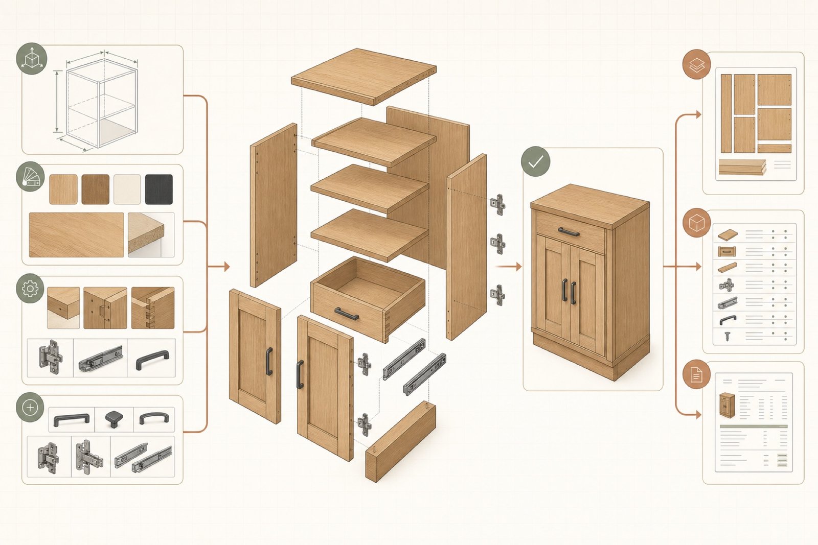Exploded configurable oak cabinet with materials, fittings, finished product and production outputs