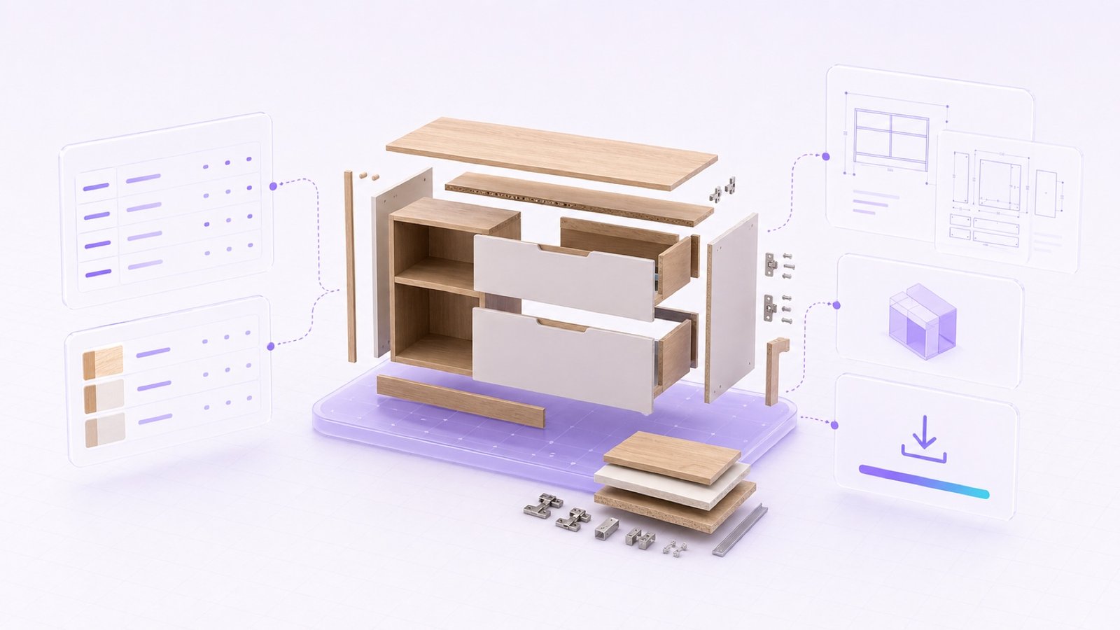 Furniture assembly flowing from materials and rules to drawings and production data